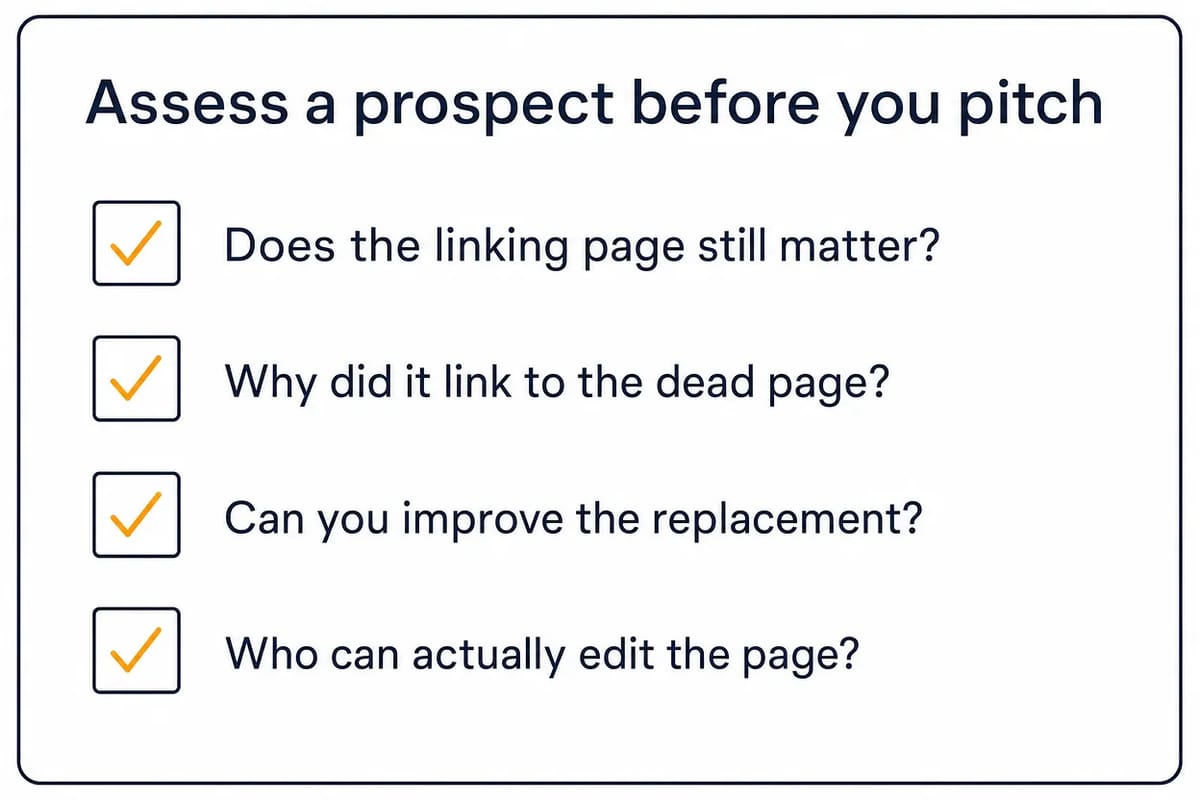 Checklist card of four questions to assess a broken-link prospect before you pitch.