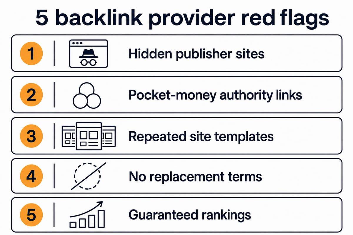 Five backlink provider red flags, from hidden publisher sites to guaranteed rankings.