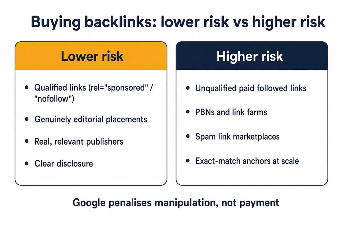 Comparison of lower-risk versus higher-risk backlink buying, from qualified editorial links to PBNs and spam marketplaces.