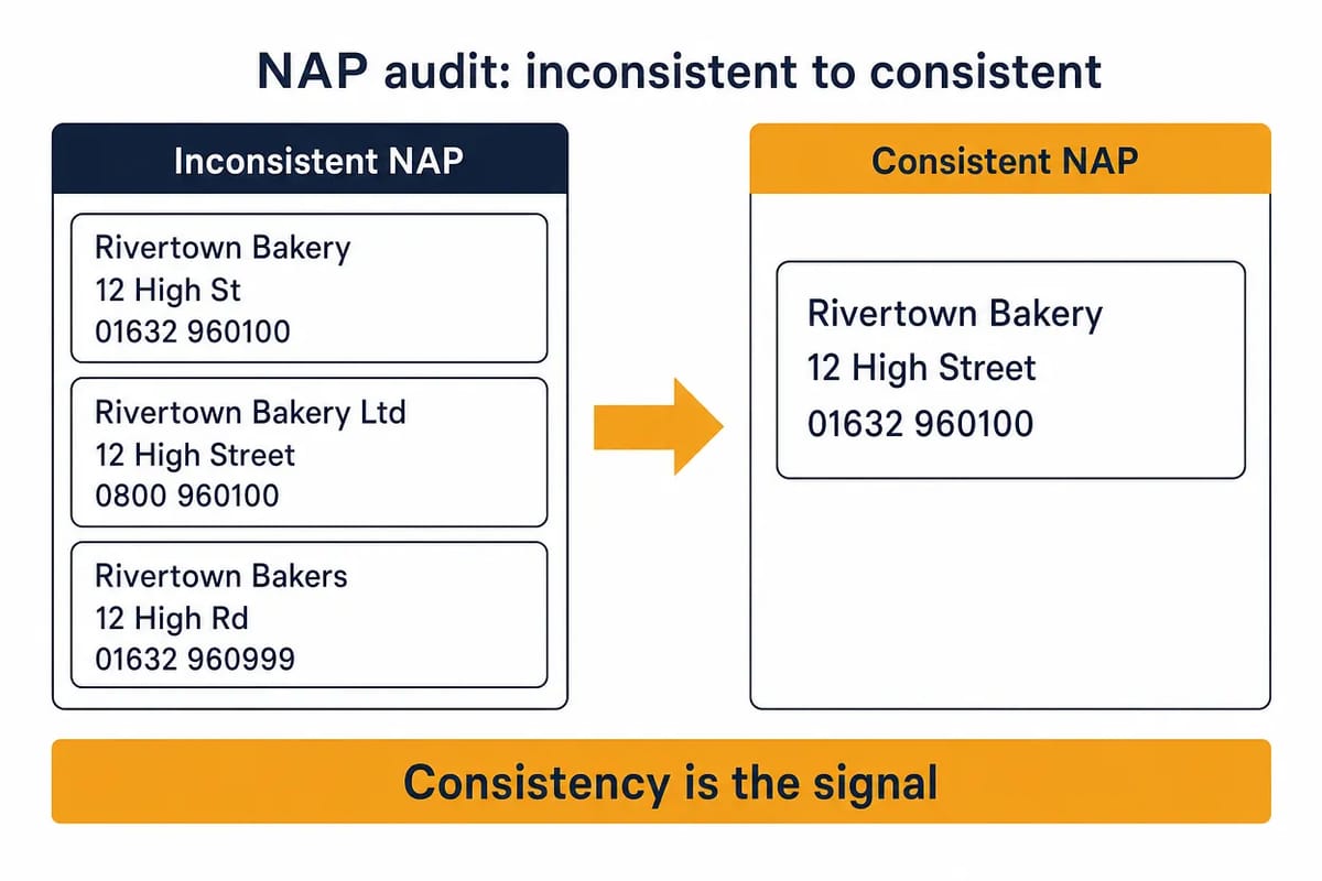 NAP audit before and after: three mismatched business listings resolved into one consistent name, address, and phone.
