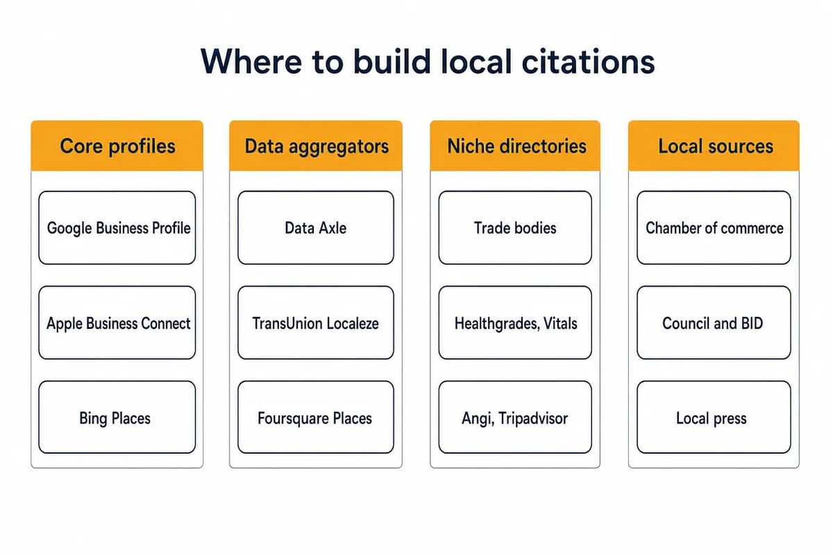 Grouped map of local citation sources: core profiles, data aggregators, niche directories, and local listings.