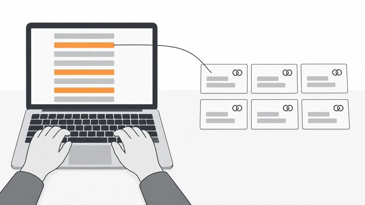 Hands typing on a laptop showing a list with three rows highlighted orange, a line running from one row to six cards that each carry a chain-link icon