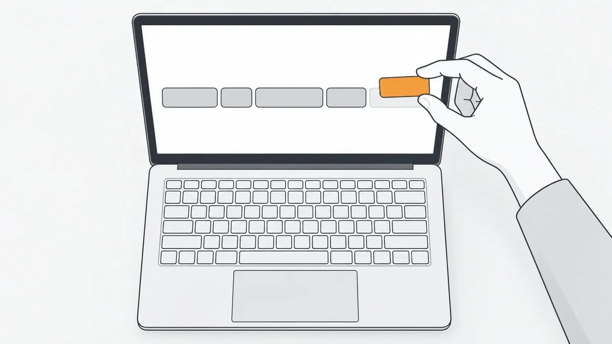 A laptop screen showing an address bar made of five blank blocks, with a hand lifting the one orange block out of the row