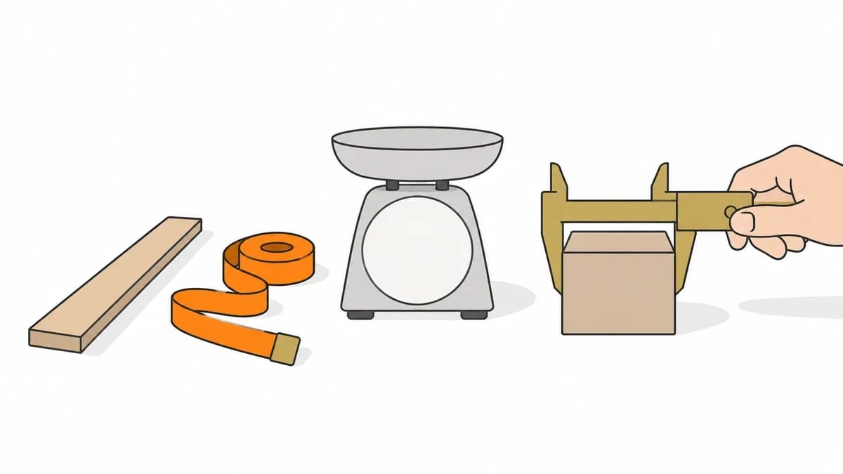 A ruler, a tape measure, a kitchen scale and a calliper held against a small box, four instruments measuring one object