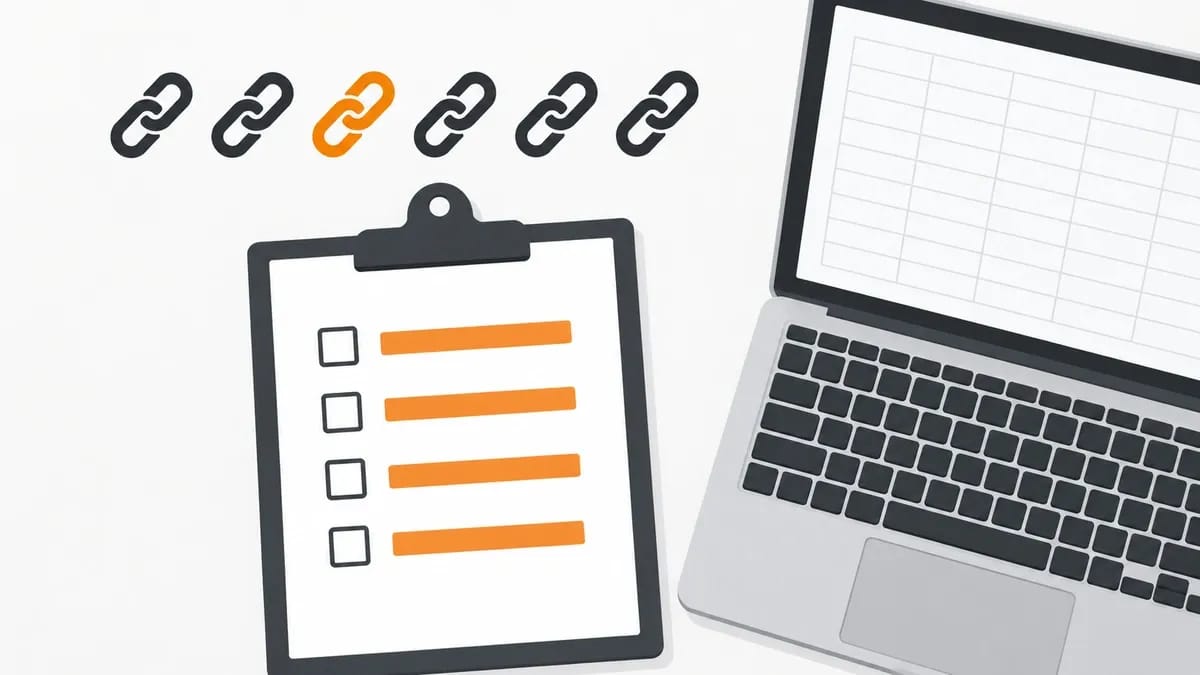 A clipboard checklist beside a laptop showing a spreadsheet, with a row of chain-link icons above