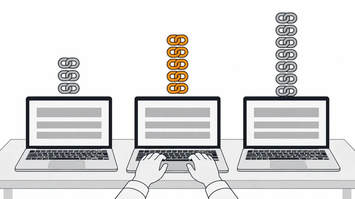 Three laptops side by side showing the same page, each with a stack of chain links of a different height above it, the middle stack orange, and hands on the middle keyboard
