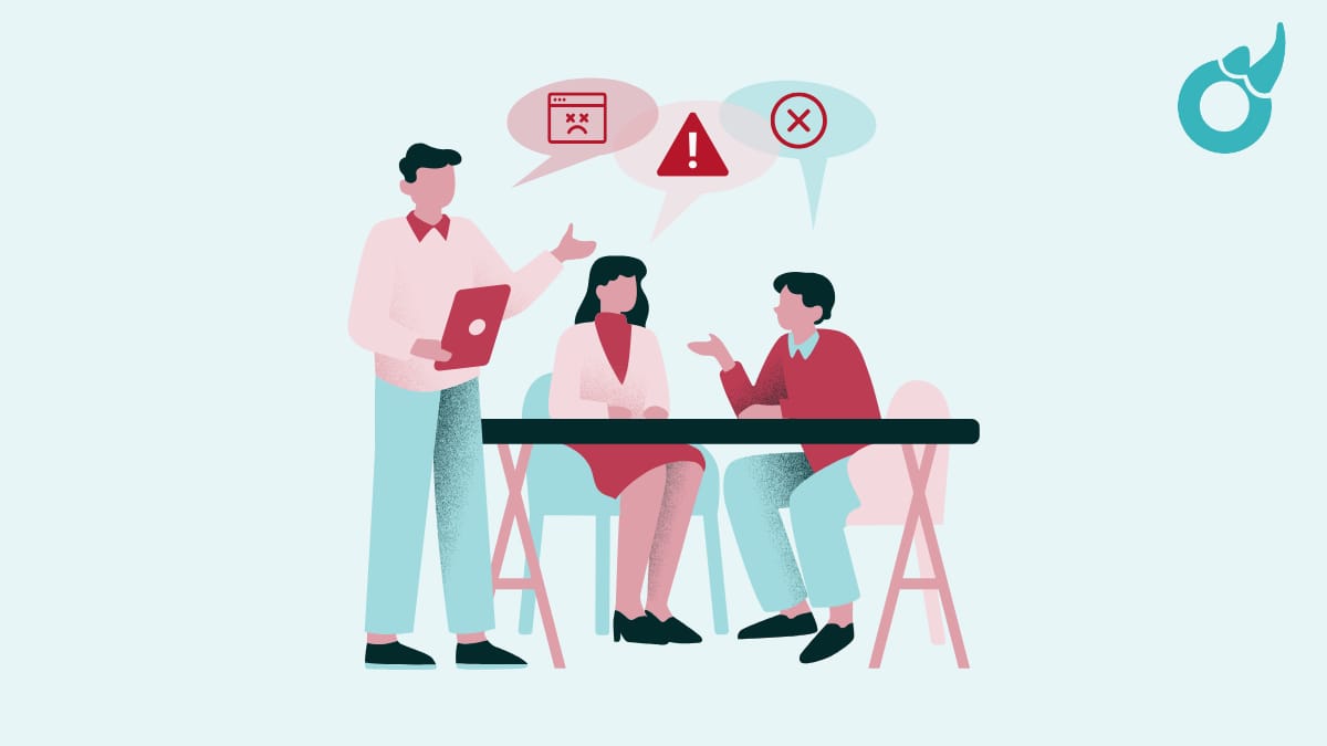 Three colleagues at a table discussing page errors shown in speech bubbles: a broken page, a warning sign and a cross