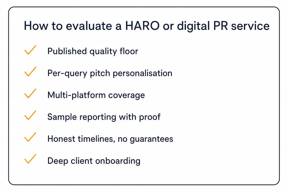 Checklist card of six criteria for evaluating a HARO or digital PR link-building service