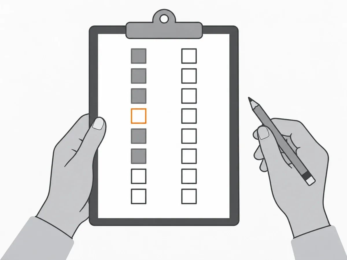 Hands holding a clipboard with two columns of squares, some filled grey and one open square outlined in orange, with a pencil ready