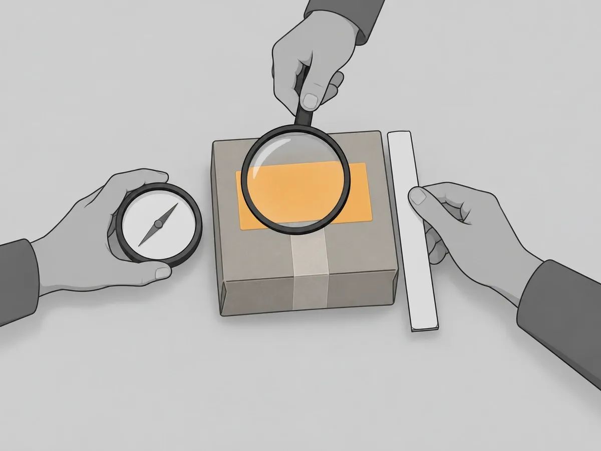 Three hands examining one parcel with a magnifying glass, a compass and a ruler, each reading the same orange label a different way
