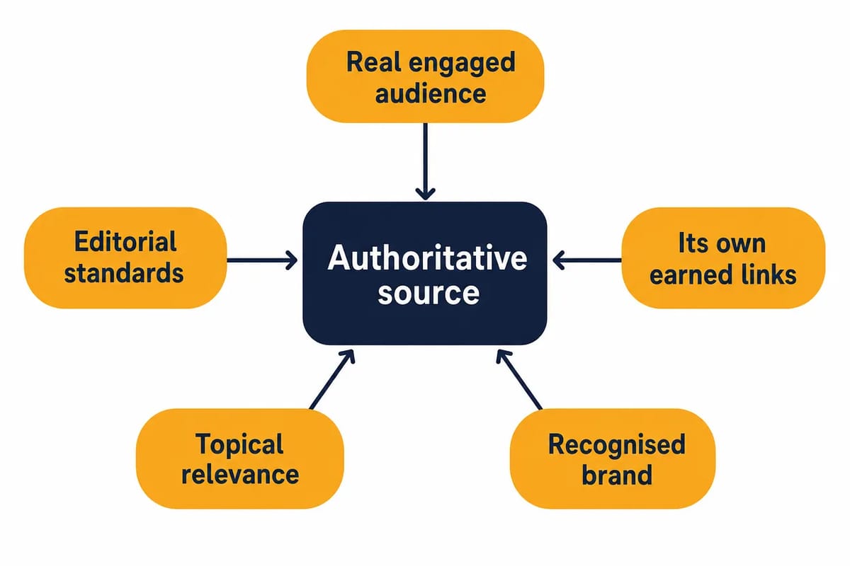 What makes a source authoritative: a real engaged audience, editorial standards, its own earned links, topical relevance, and a recognised brand.