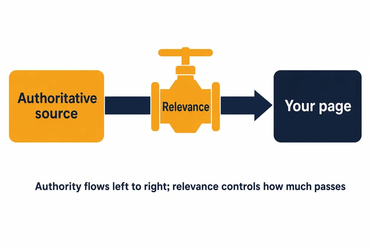 How authority flows through links: an authoritative source passes authority through a link, with topical relevance acting as the valve that determines how much value transfers to your page.