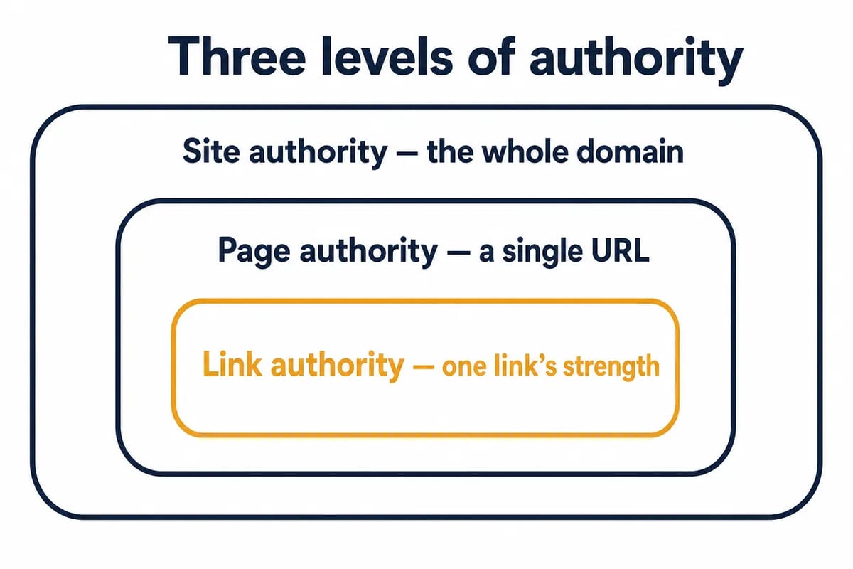 Three levels of authority in SEO: site authority (the whole domain), page authority (a single URL), and link authority (the strength a single link passes).