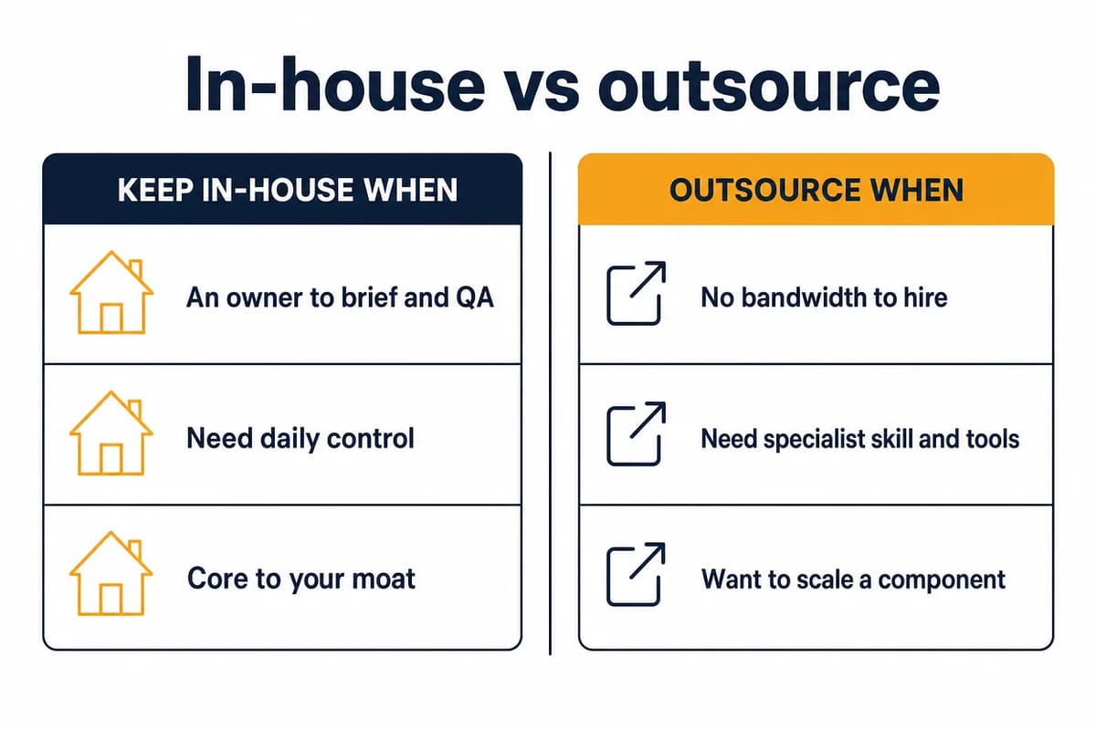 Decision card comparing when to keep SEO in-house versus when to outsource it.