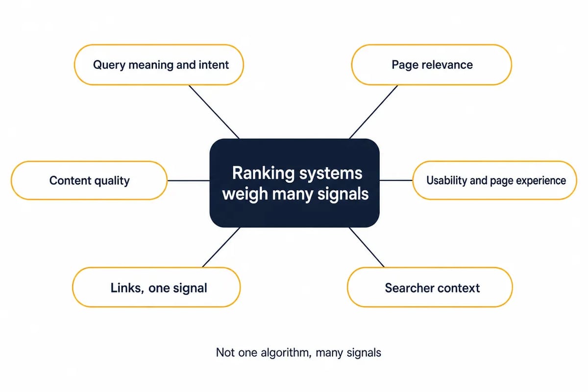 Concept diagram: Google's ranking systems order results from the index at query time; PageRank, one of Google's link analysis systems, is a core ranking system.
