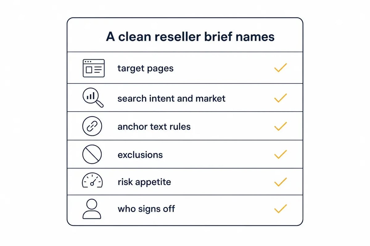 Checklist of what a clean reseller brief names, from target pages to sign-off