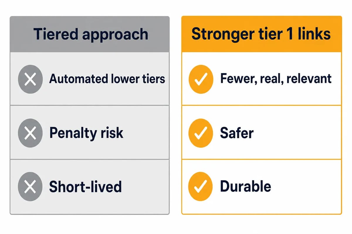Tiered link building versus the safer alternative: automated lower tiers carry penalty risk, while fewer, stronger tier 1 links from real relevant sites are safer and more durable.
