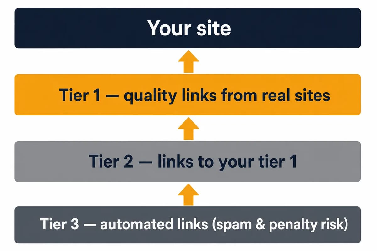 How tiered link building is structured: tier 1 links point at your site, tier 2 links point at tier 1, and tier 3 at tier 2 — with the automated lower tiers being where the spam and penalty risk sits.